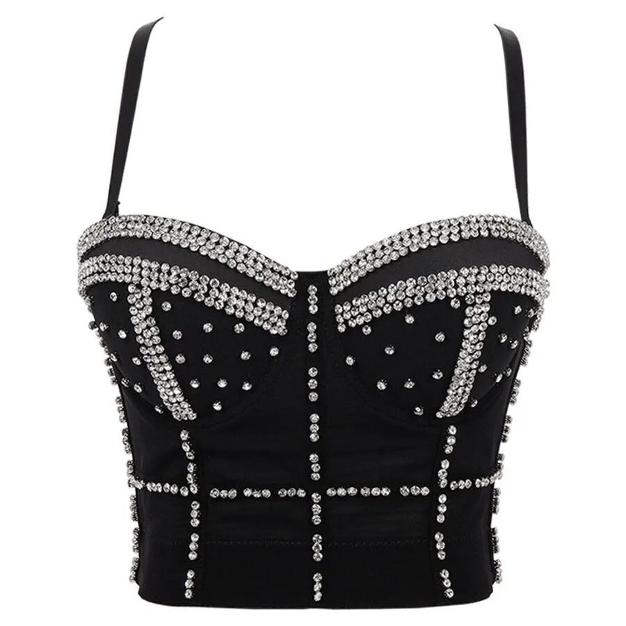 Summer Rhinestone Beads Shine Nightclub Sexy Women Crop Top To Wear Out Bra Push Up Bustier Corset Tops