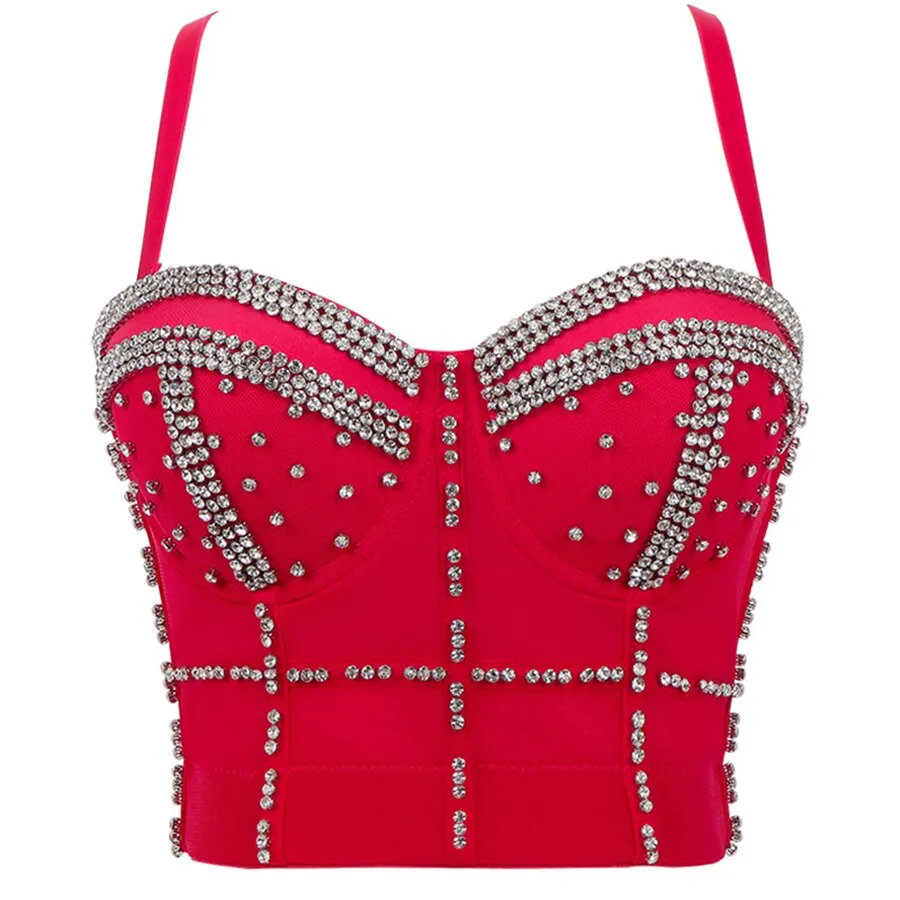 Summer Rhinestone Beads Shine Nightclub Sexy Women Crop Top To Wear Out Bra Push Up Bustier Corset Tops