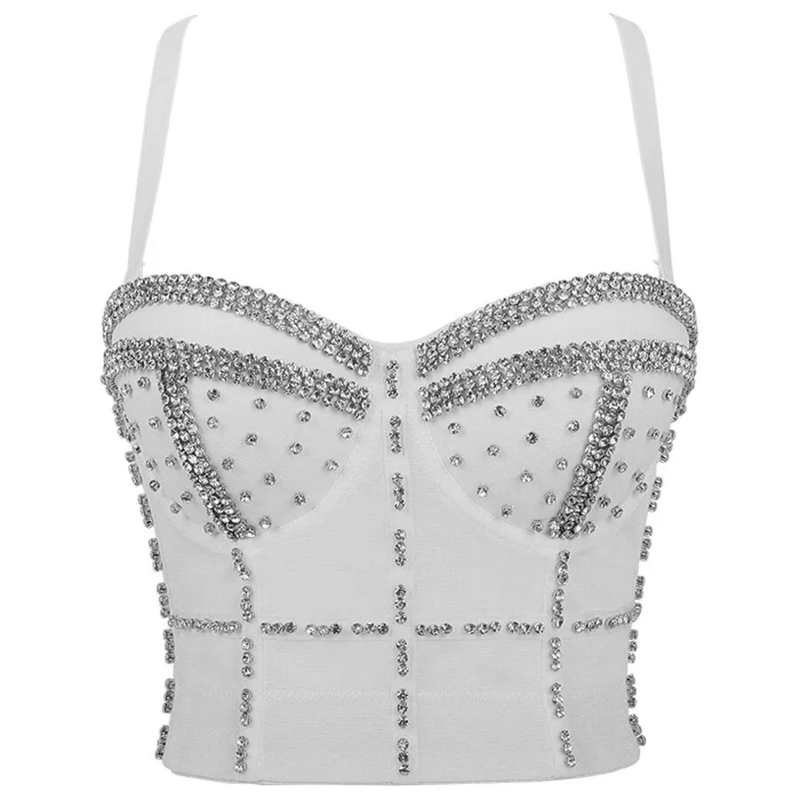 Summer Rhinestone Beads Shine Nightclub Sexy Women Crop Top To Wear Out Bra Push Up Bustier Corset Tops