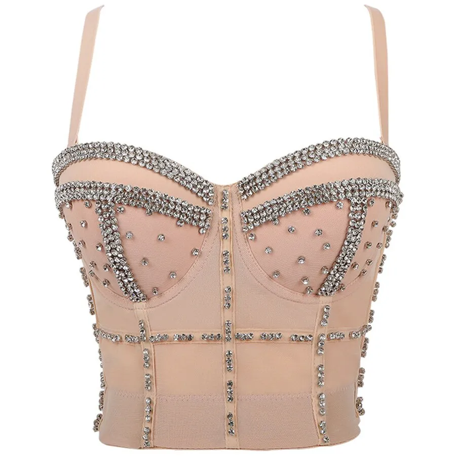 Summer Rhinestone Beads Shine Nightclub Sexy Women Crop Top To Wear Out Bra Push Up Bustier Corset Tops