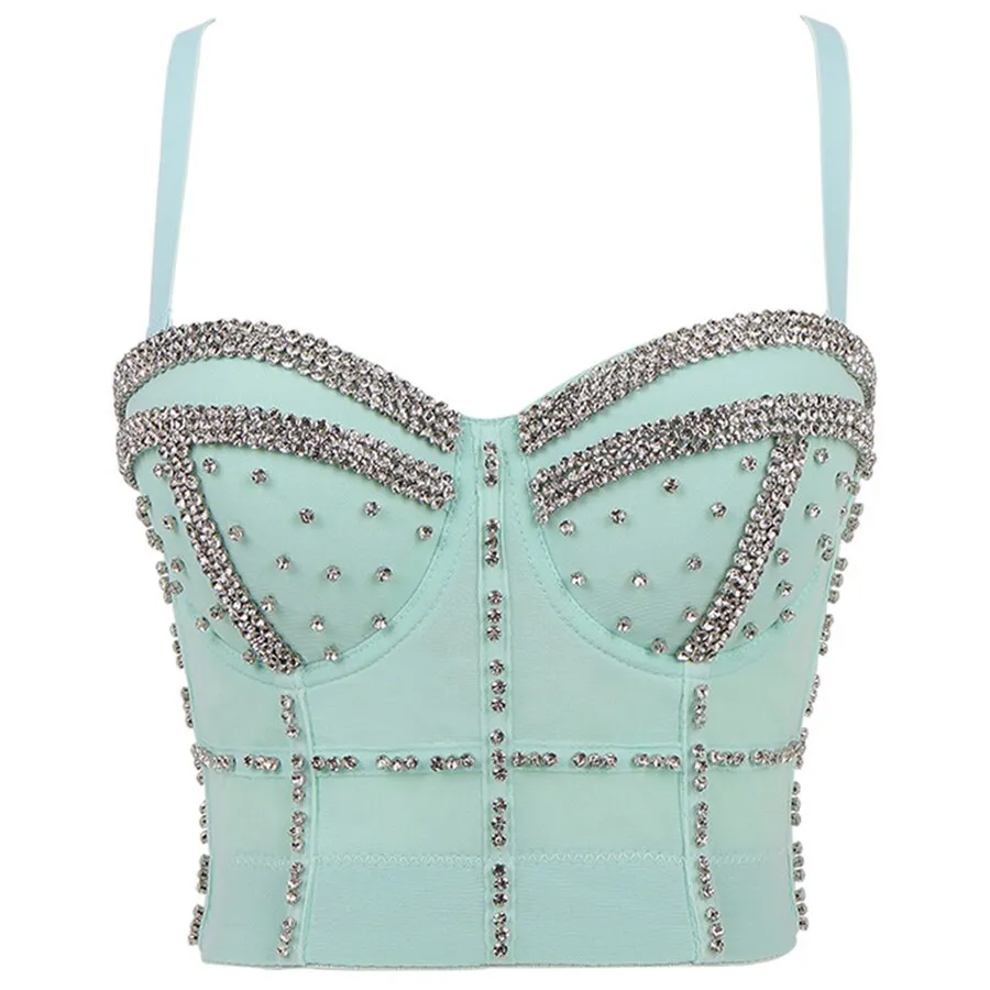 Summer Rhinestone Beads Shine Nightclub Sexy Women Crop Top To Wear Out Bra Push Up Bustier Corset Tops