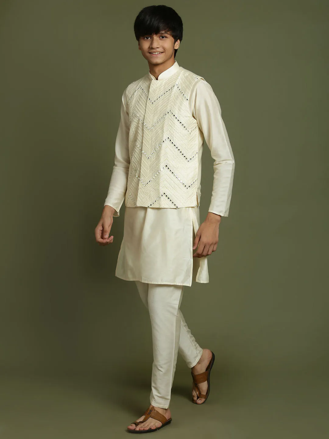 VASTRAMAY Boy's Cream Mirror Work Jacket And Solid Kurta Pyjama Set