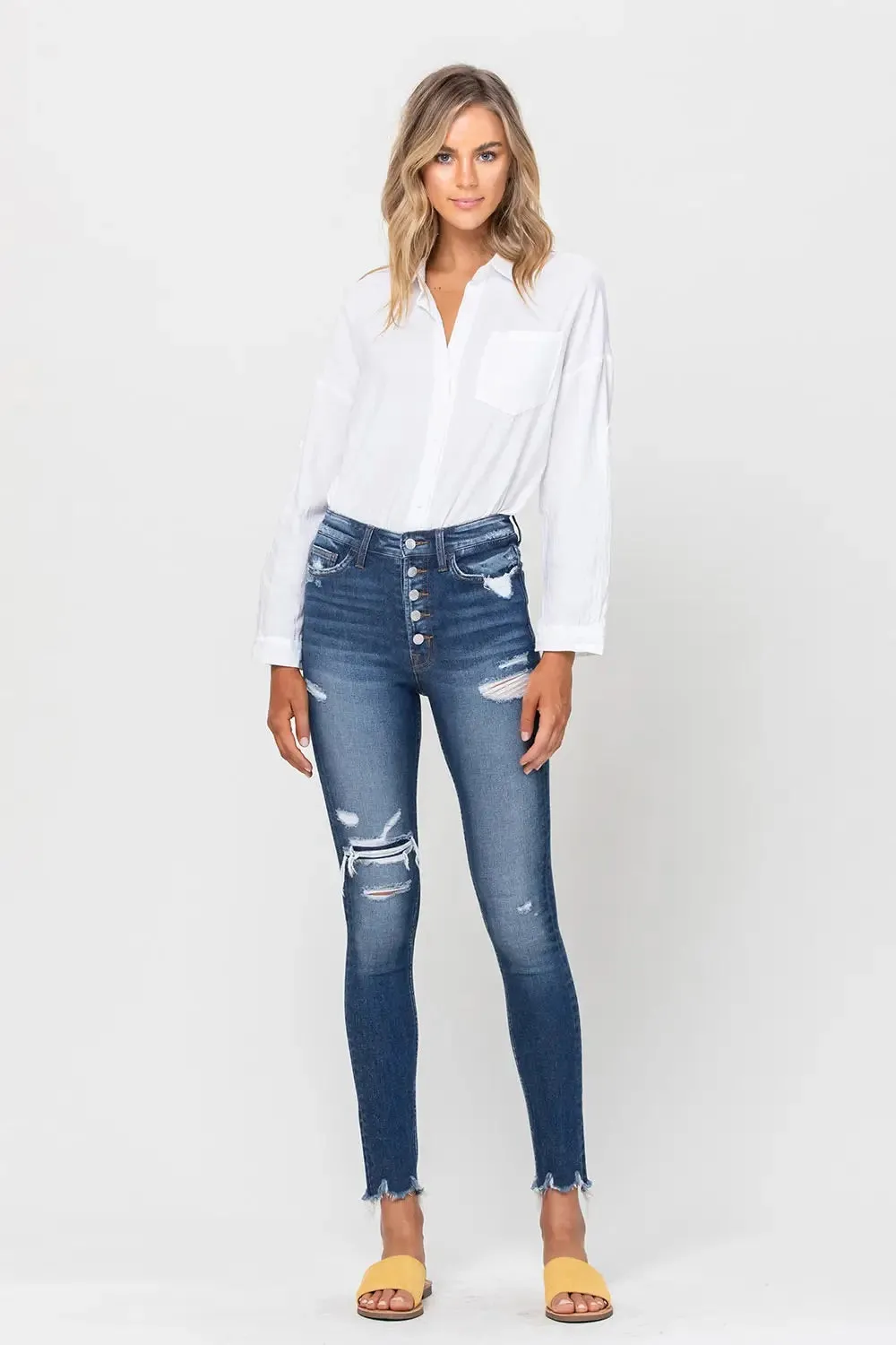 Vervet High Rise Button Up Disterssed Ankle Skinny-Haylie