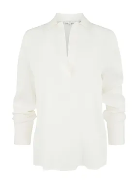 Vince Stretch-Silk Long-Sleeve Polo Blouse in Off-White