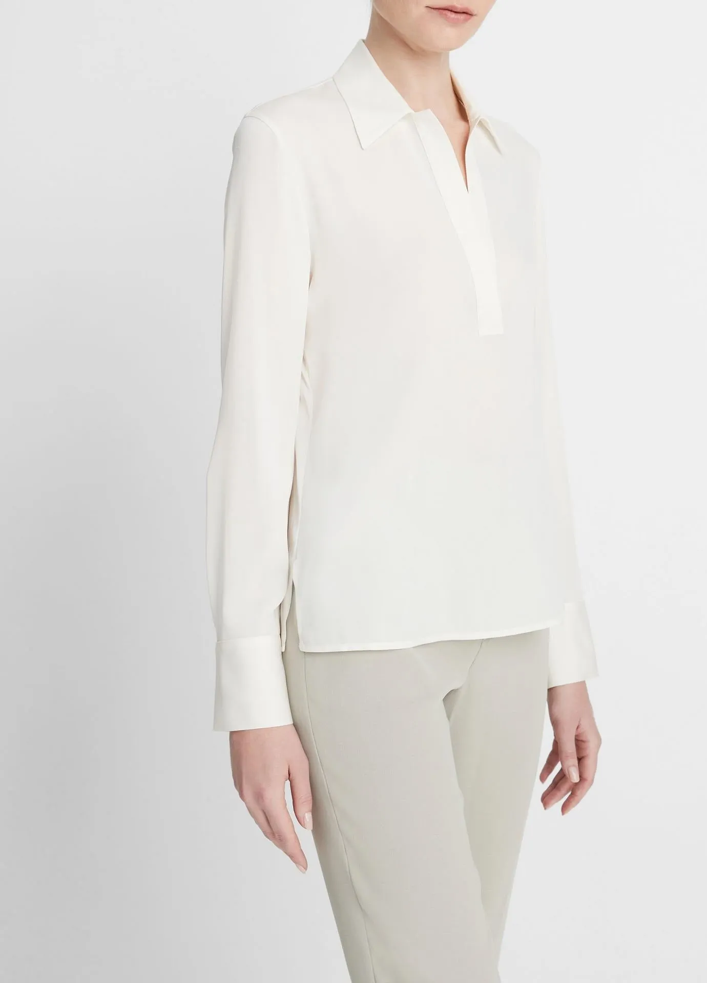 Vince Stretch-Silk Long-Sleeve Polo Blouse in Off-White