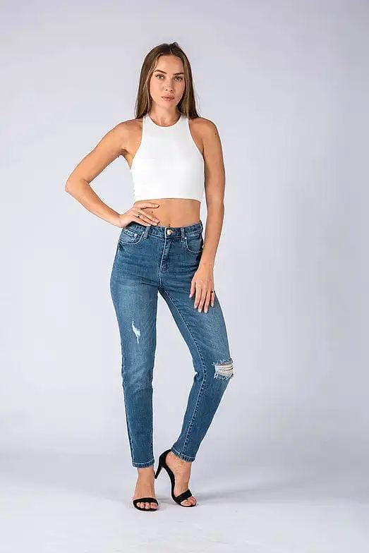 Wakee Denim Jean Straight Leg Distressed High Rise - Comfort Blue