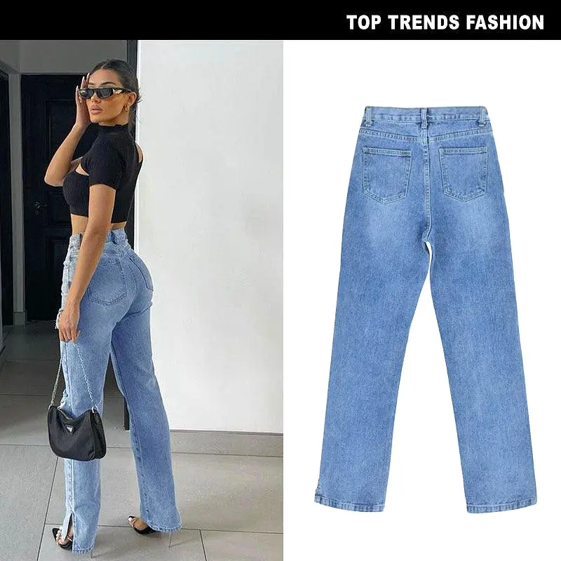 Women's High-Waisted High-Slim Straight-Leg Denim Trousers Mopping Trousers Ripped Hole Foot Slit Drape Slightly Flared Trousers