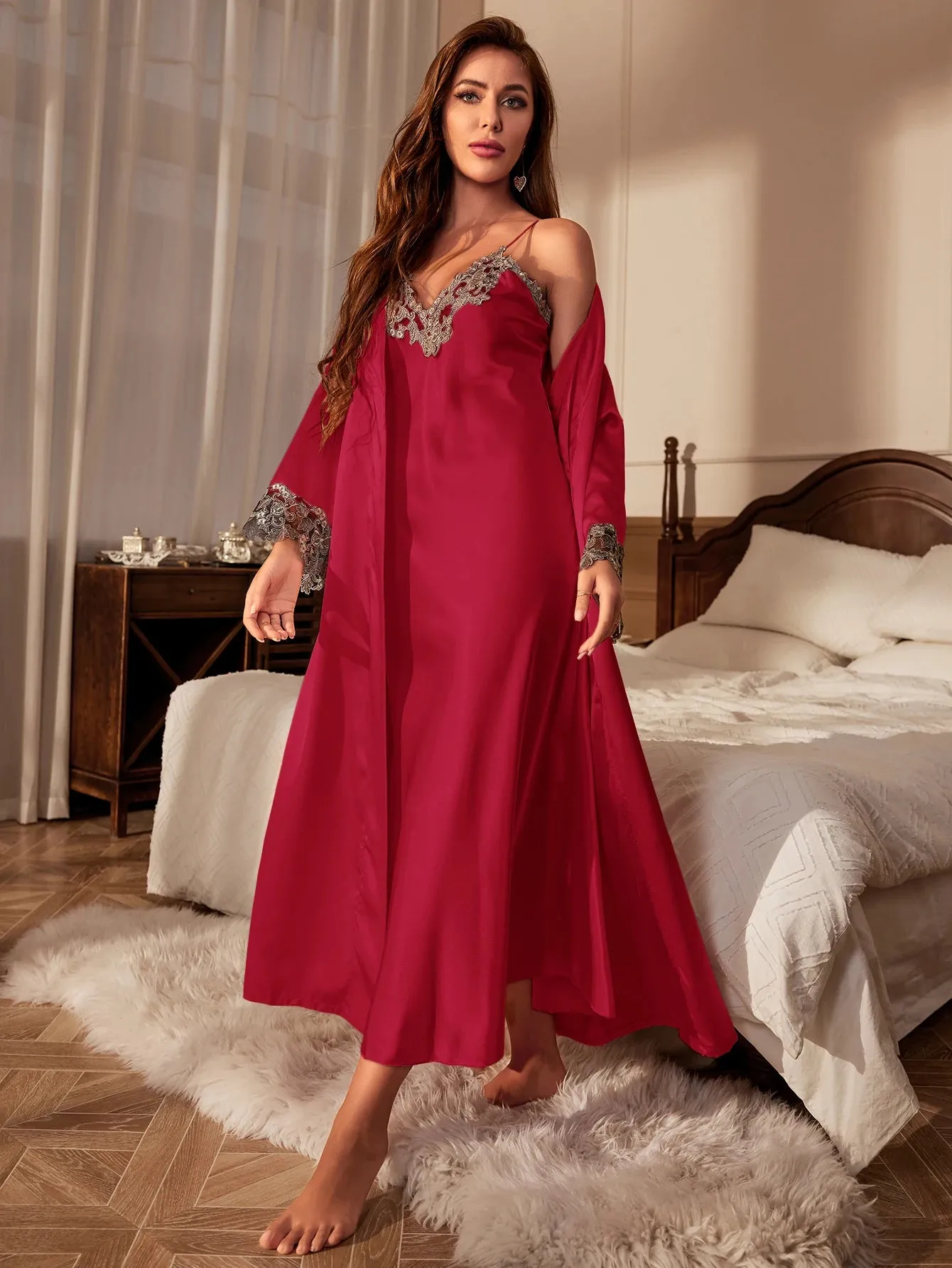 Women's Sleepwear Loungewear Contrast Lace Pajama set